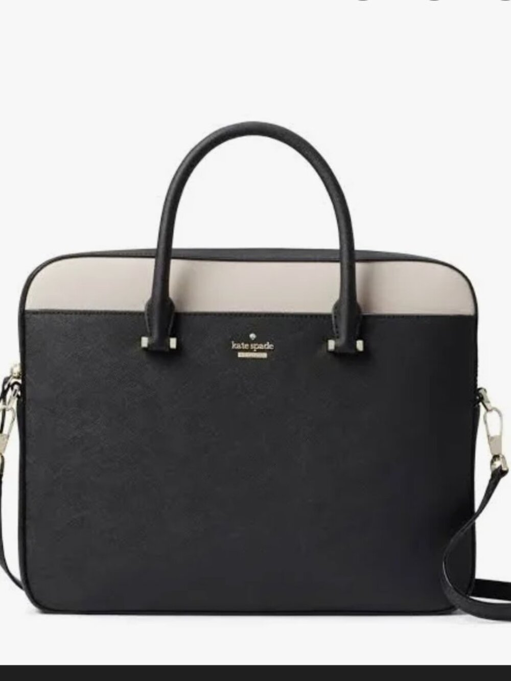 KATE SPADE Leather Laptop w/Strap, Black and Beige Trim